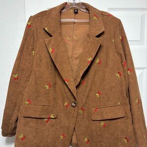 SHEIN Brown Corduroy Blazer with Red and Green Embroidery
